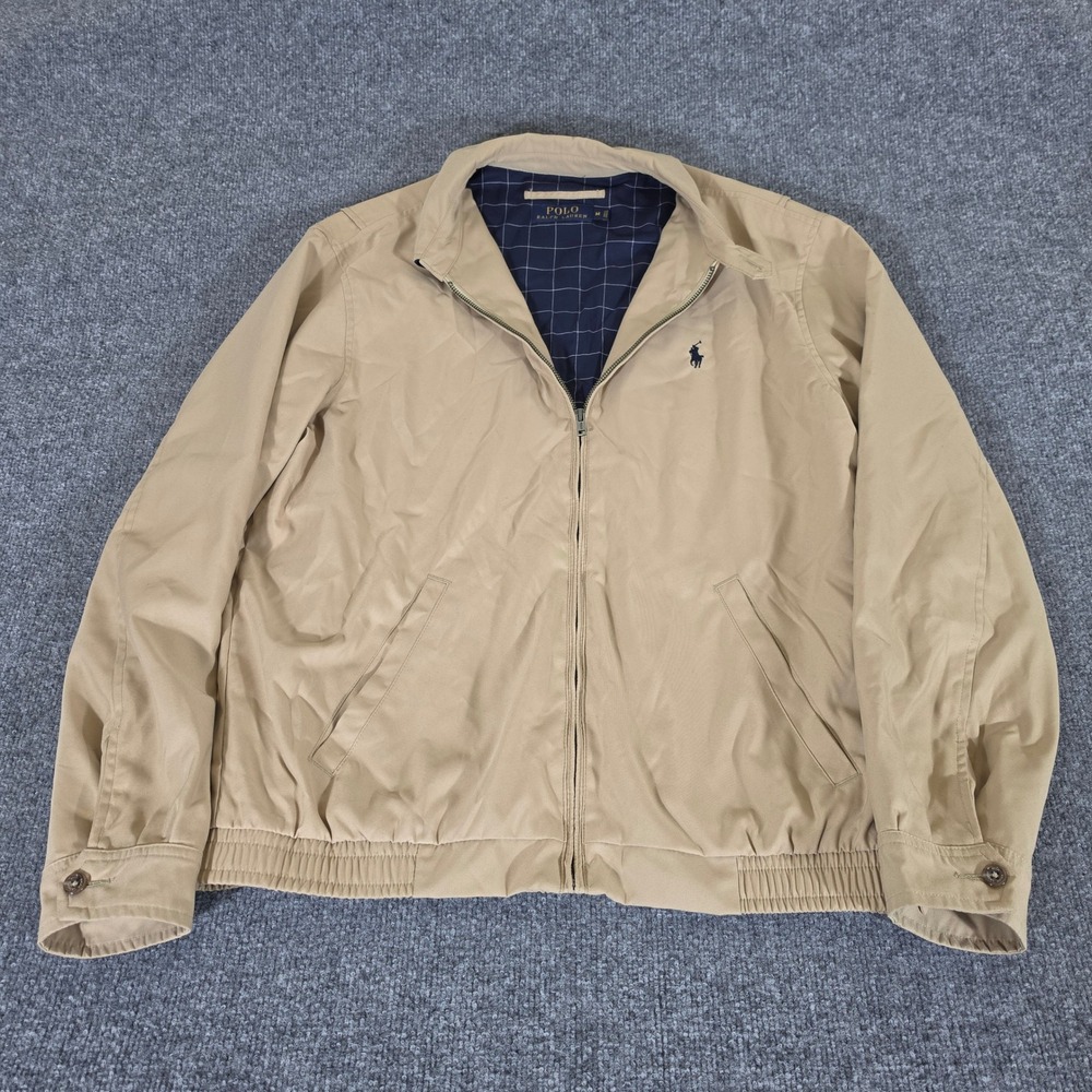 Polo Ralph Lauren Mens Harrington Jacket Tan Beige Plaid Lined Size M Full Zip